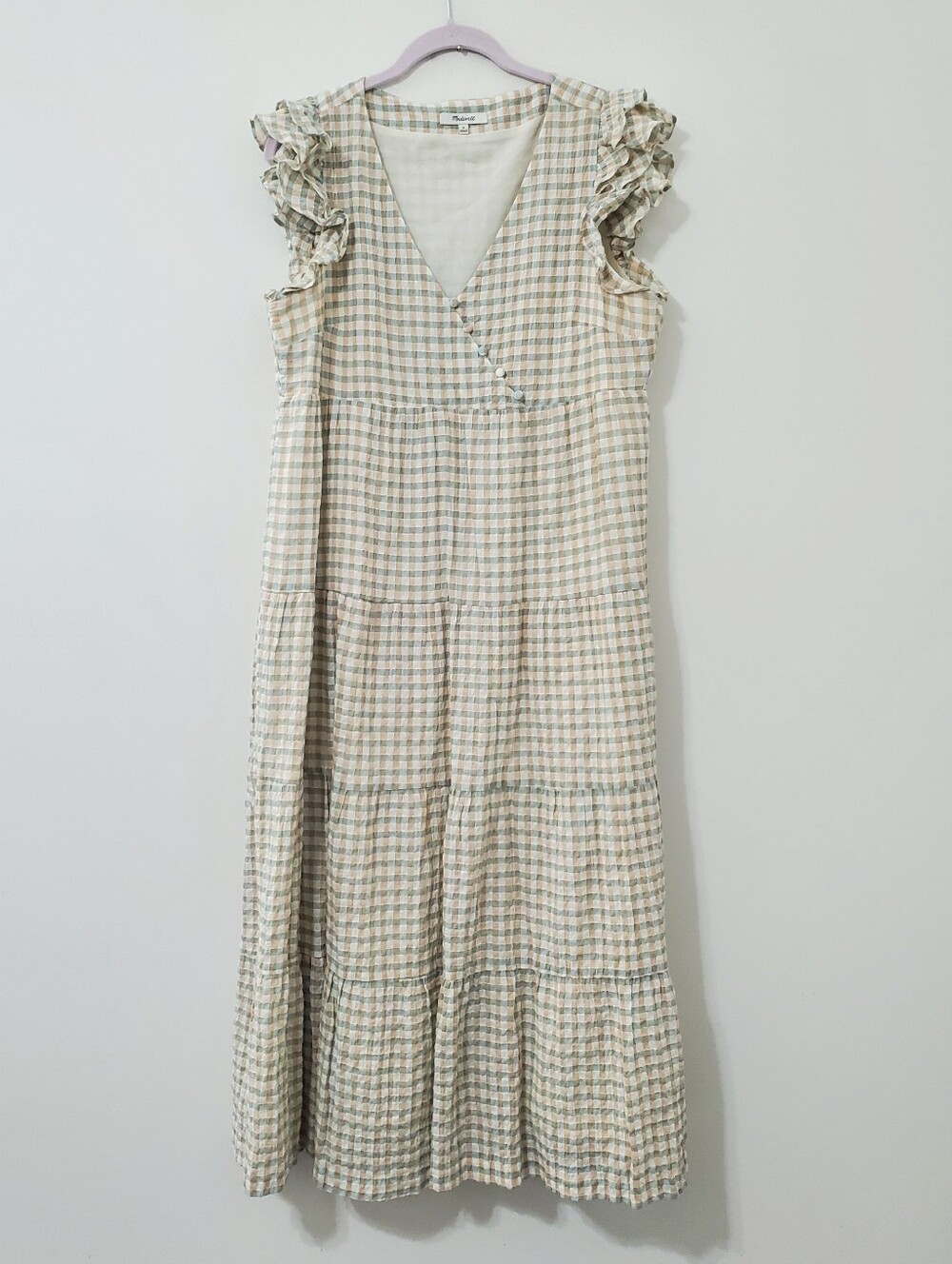 Madewell Gingham Seersucker Tiered Midi Dress Ruffle Sleeve Medium - Picture 2 of 15